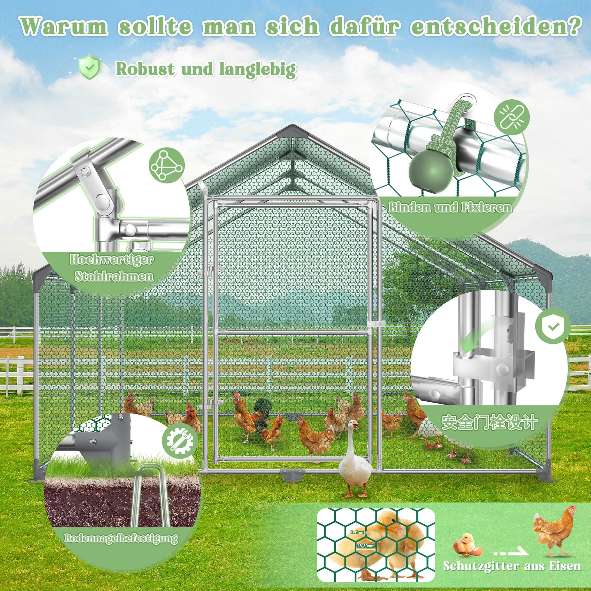 Hühnerstall Freilaufgehege 3x6x2 m mit PE-Dach, Outdoor Tiergehege für Hühner Kaninchen Kleintiere Hunde, wetterfestes Kleintiergehege