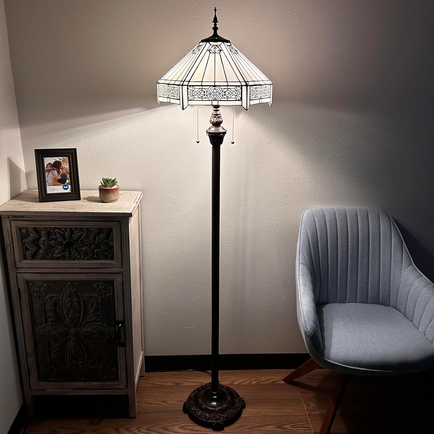 White Stained Glass Floor Lamp Hexagon Mission Metal Base LED Bulbs Included for Living Room Bedroom 16" W*16" D*64" H