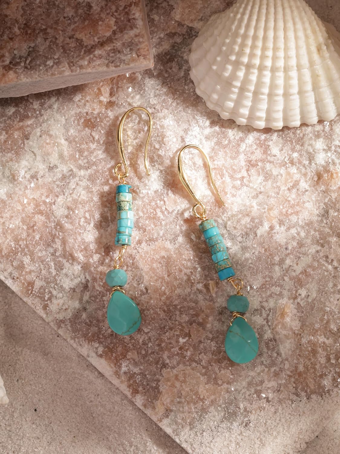 MINACHI Boho Sunburst Charm and Green Stone Drop Earrings, Handmade Gold Tone Hippie Danglers For Women - Image 8