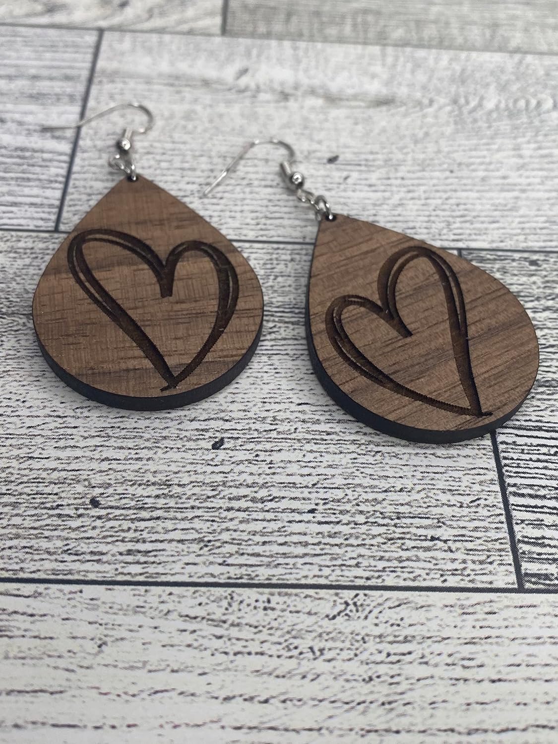 MissyMadeCo Handmade Engraved Walnut Wood Heart Design Earrings, Teardrop Dangles, Jewelry for Women, Teens, Girls, Perfect Birthday Anniversary Gifts