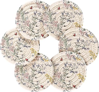Chic Thyme Flowers White Cotton Rope Absorbent Coasters with Holder Set of 6 Table Coasters Table Coasters for Drinks Coasters for Wooden Table