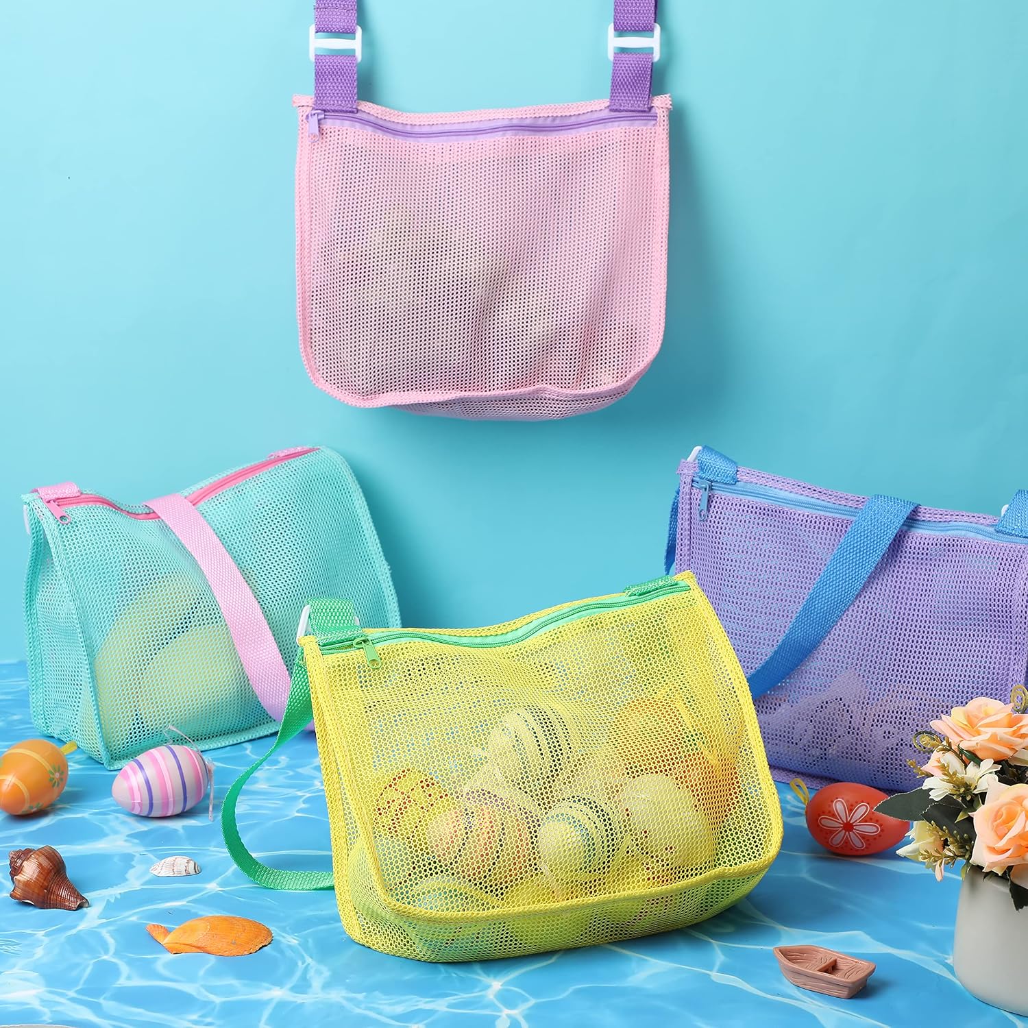 Saintrygo 12 Pack Mesh Beach Bag Shell Collecting Bag Bulk Beach Tote Party Favor Sand Toy Bags with Zipper for Holding Shells Swimming Accessories Boys Girls, 6 Colors