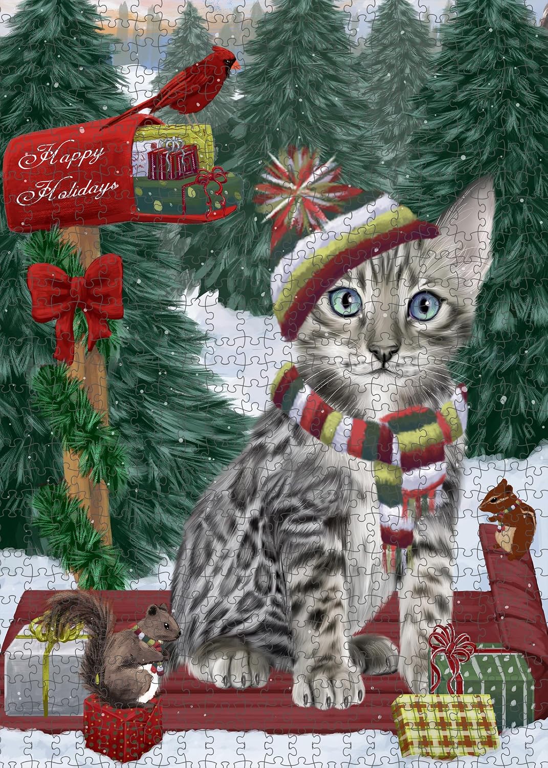 Merry Christmas Woodland Sled Bengal Cat Jigsaw Puzzle for Adults - Animal Printed Interlocking Puzzle Game Artwork - Gift for Dog Lover's - 300 Pcs 14"x20"