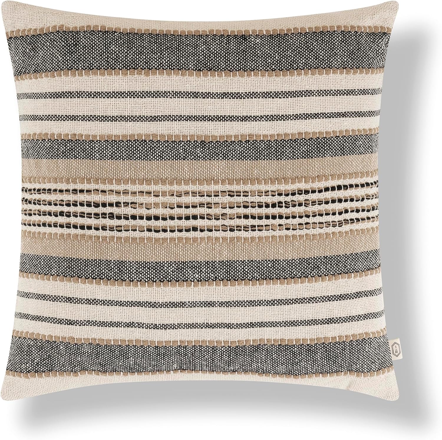 Azzo Multi-Weave Stripe 100% Cotton Zipper Closure Removable Insert Decorative Throw Pillow, Coal, 20" W x 20" L