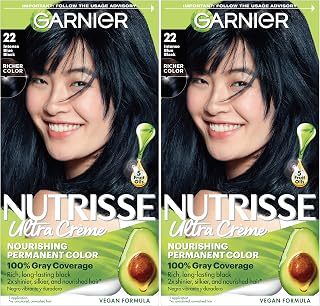 Garnier Nutrisse Ultra Crème Hair Color, Permanent Hair Dye with 100% Gray Coverage, Vegan & Cruelty-Free, 22 Intense Blue Black (Mulberry), 2 Count