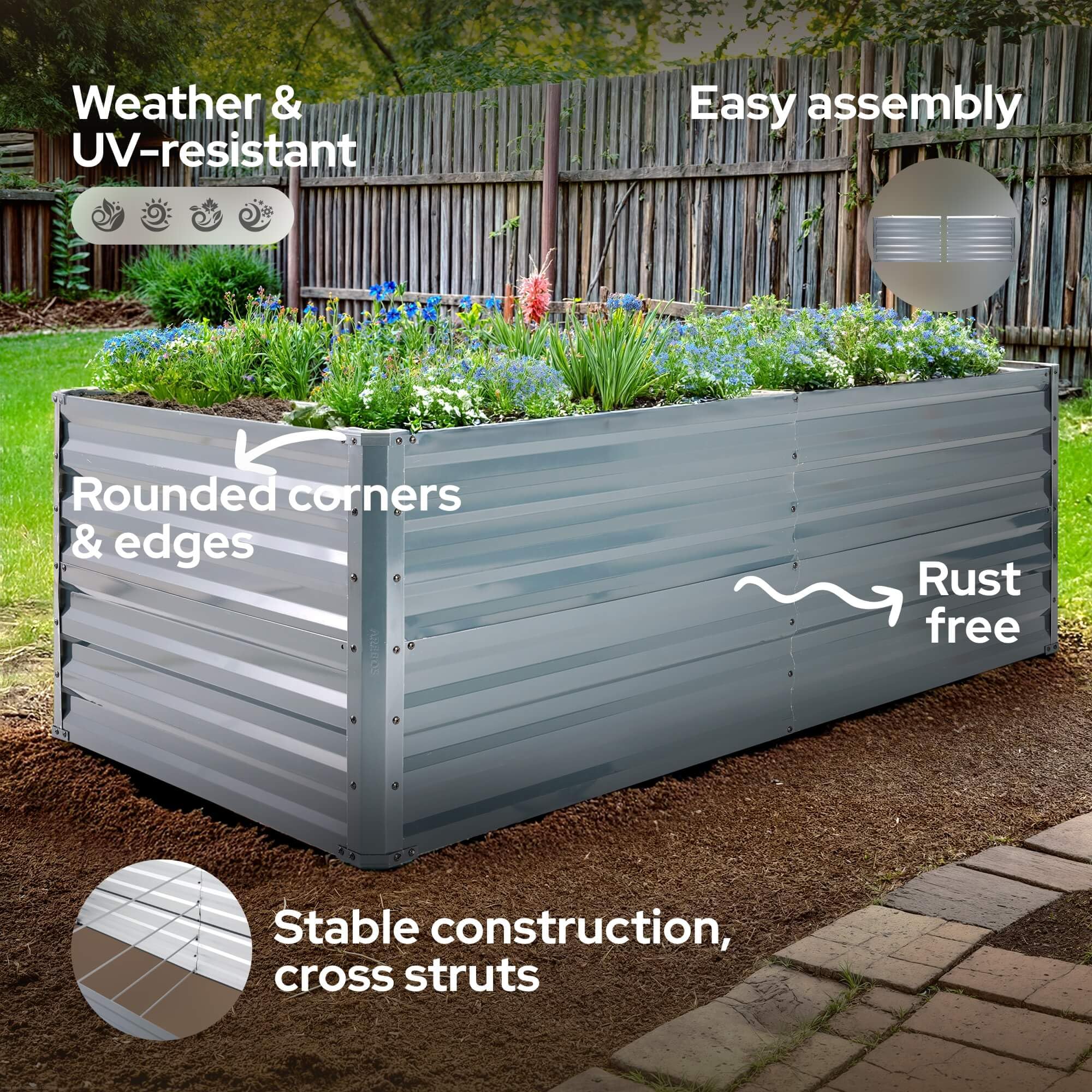 Arebos Cama de Jardín Elevada de Metal 180x90x45 cm | Cama de jardín de Acero galvanizado | Cama de siembra Resistente a la Intemperie y al óxido | Cama Rectangular de Verduras para jardín y Patio