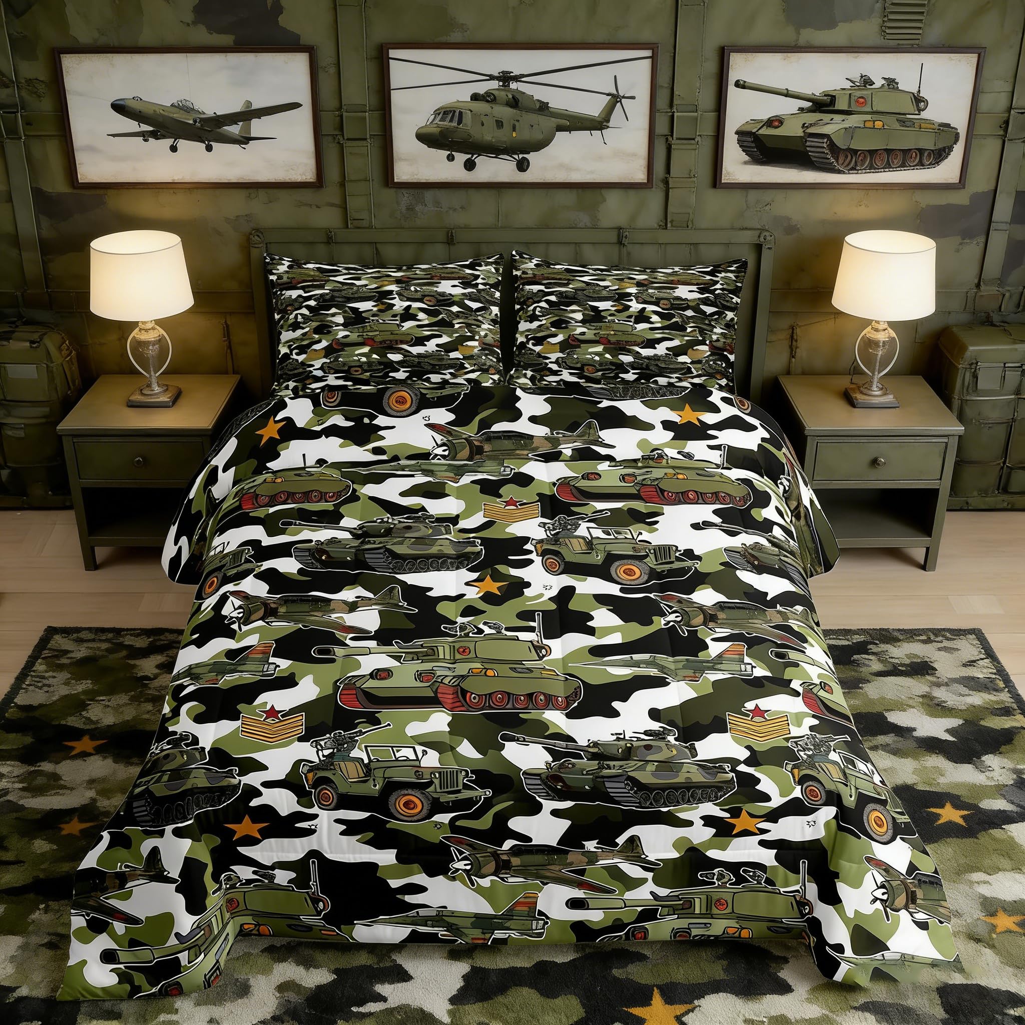 Parure de lit guerre Manfei avec couette camouflage vert et 2 taies d'oreiller pour lit enfant