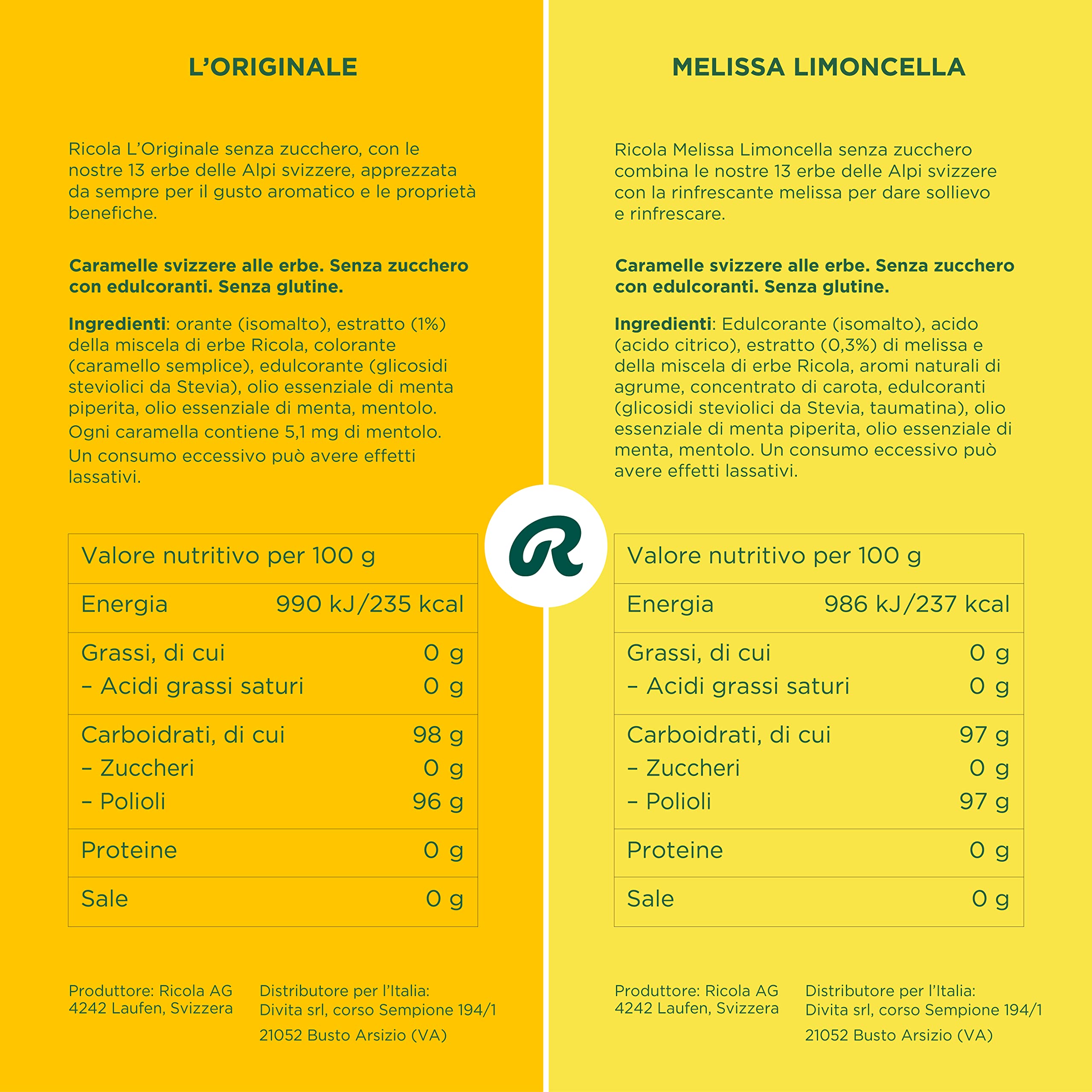 Ricola - 2 Gläser Schweizer Bonbons 1 kg mit Zitronenmelisse Geschmack und Original, zuckerfrei mit Stevia-Extrakt, glutenfrei und laktosefrei