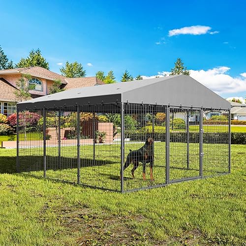 Miniatura 9 de Gotland Perrera para perros al aire libre de 10 x 10 x 6 pies, jaula para perros medianos y grandes con techo impermeable, doble cerradura de