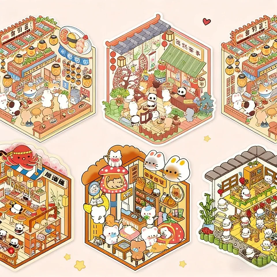 1Pc 3D Sticker Scene Collection Book, Reusable Mini Scene Stickers, Kawaii Pet & Food Theme DIY Craft Sticker Book for Creative Handmade Decoration, Cute Pet Food