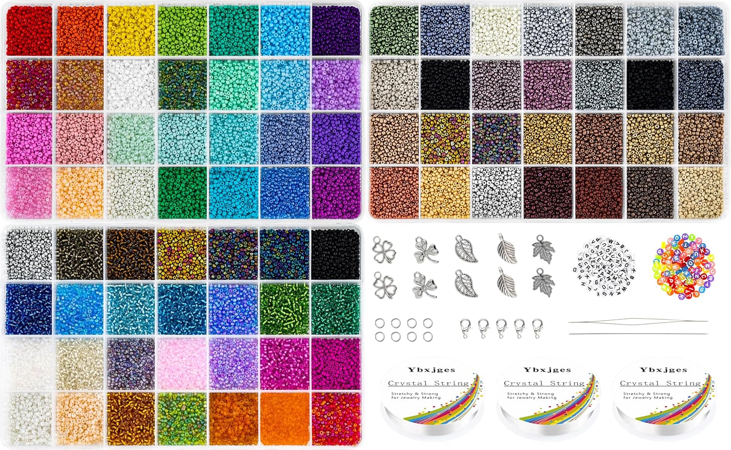 42000Pcs 2mm Glass Seed Beads 12/0 Small Tiny Beads Kit with 150Pcs Alphabet Letter Beads Pendants Charms Jump Ring Elastic String for DIY Bracelets Necklace Jewelry Making Supplies