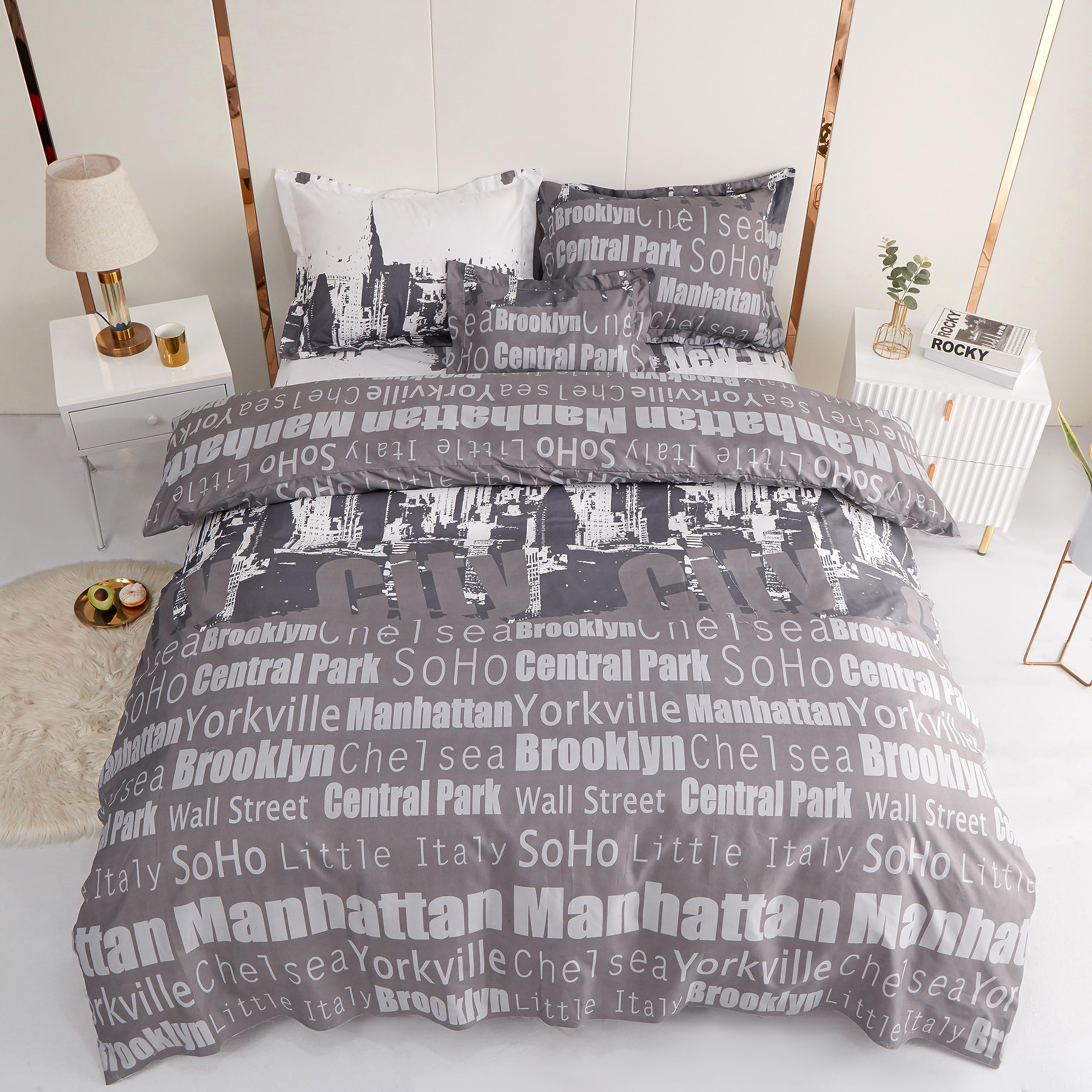 KUMY Juego de Funda Nórdica 5 Piezas: Funda nórdica,2 Fundas de Almohada, Funda de Cojín y Sábana Bajera- Estilo y Comodidad Total (Cama 150x190/200 + 240x220 + 2*(50x70) + 30x50, Ciudad)