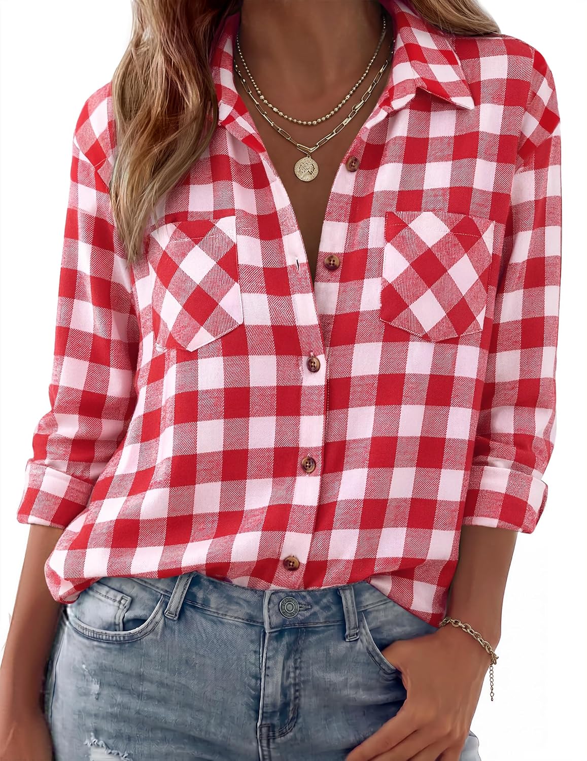 Zeagoo Womens Flannel Shirts Long Sleeve Button Down Casual Fall Plaid Top 16-red White Gz192