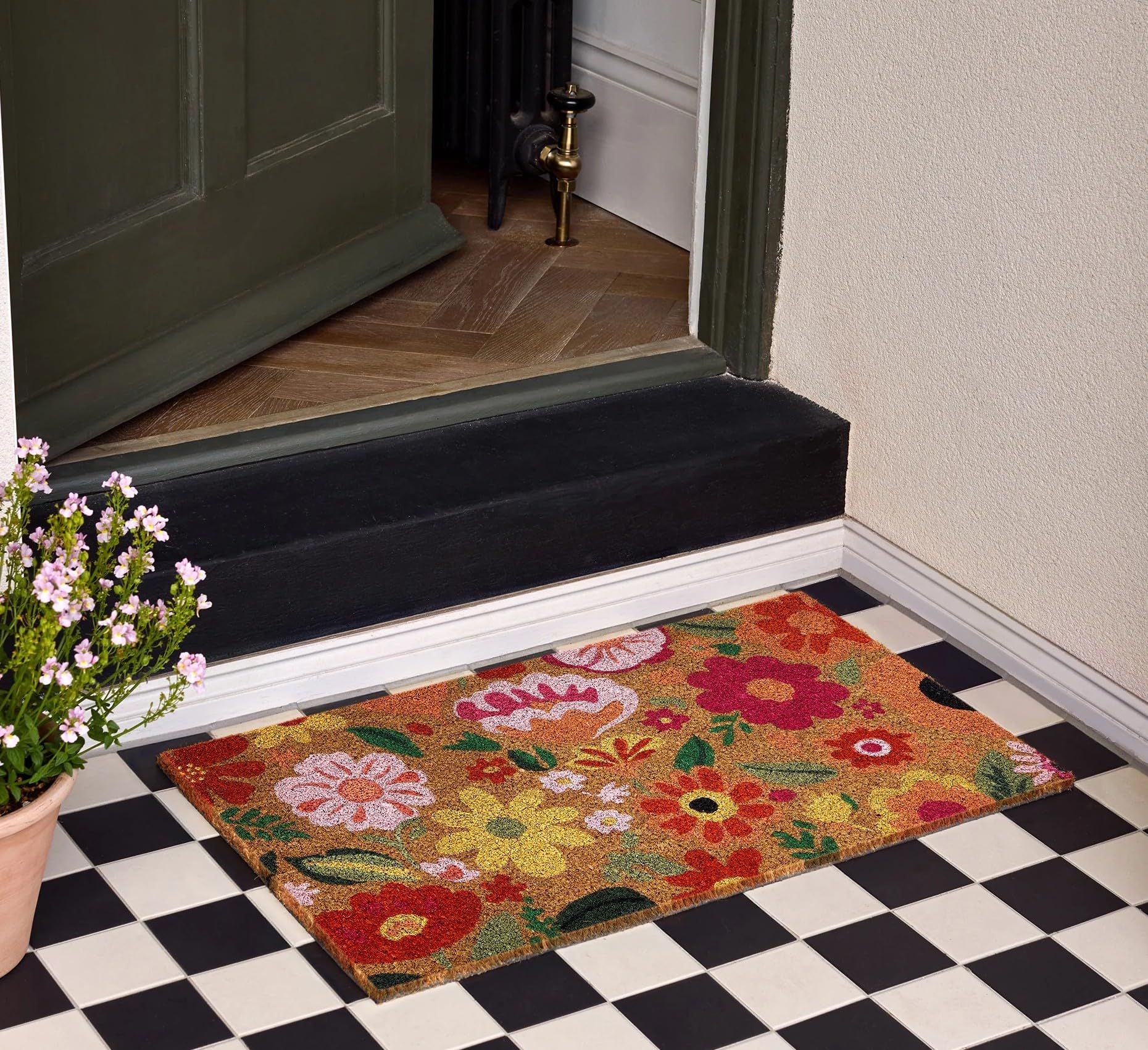 Coir Door Mat for Doorway, Home Entry, Balcony, Garden, Dirt Trapper Entrance Indoor Outdoor Non-Slip Absorbent Welcome Mat Natural Doormat in 45 x 75 cm (Bright Blooms)
