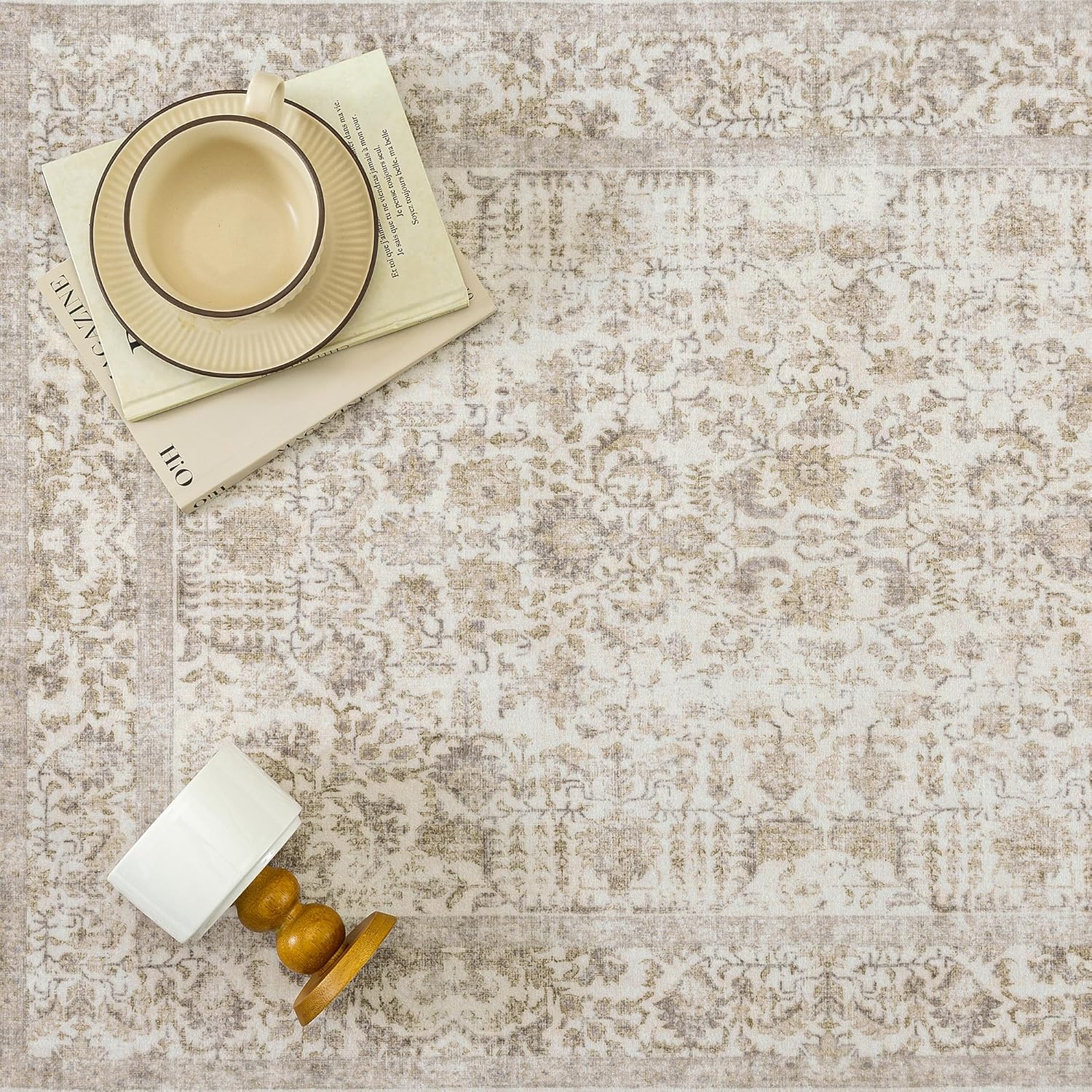 PureCozy Light Brown Entryway Area Rug 2x3 Door Mat Machine Washable Kitchen Vintage Distressed Non Slip Carpet Indoor Retro Floral Accent Throw Small Rug for Bathroom Office Bedroom Dining Room