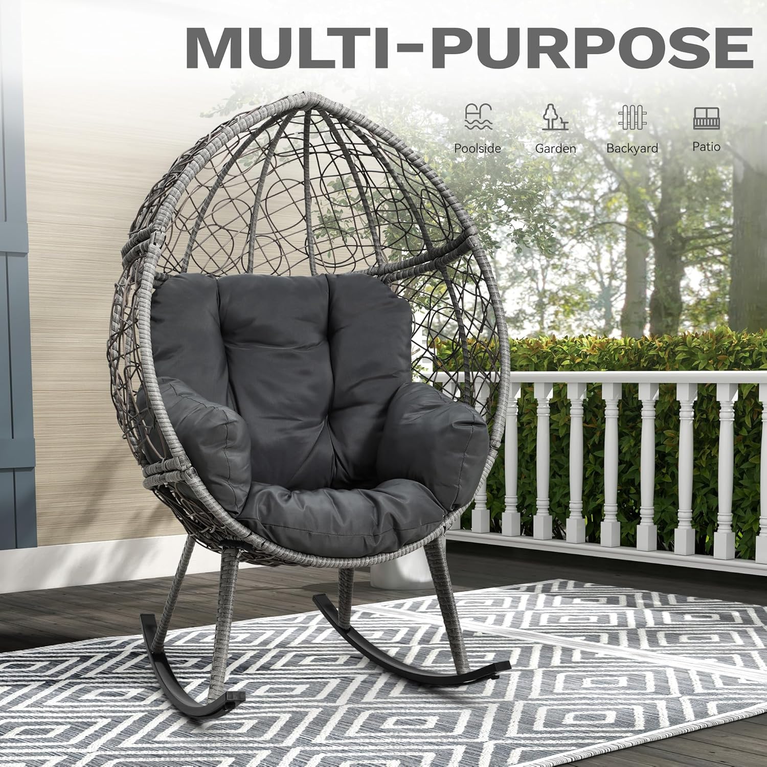 YITAHOME Wicker Rocking Egg Chair, Outdoor Patio Rocking Chair with 5.9in Thick Cushion, 250lb Capacity, Anti-Slip, All-Weather Resilient Egg Lounger Chair for Indoor & Outdoor, Grey(1 Pack only)