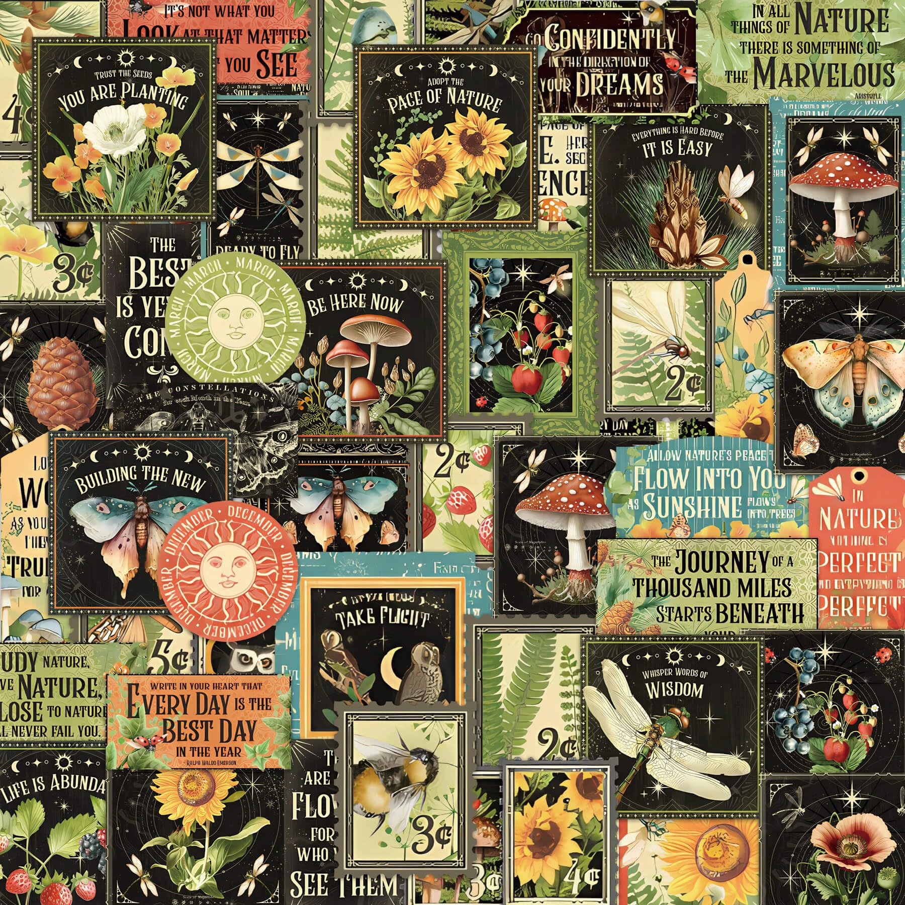 Cottagecore Stickers Vintage Nature - Botanical Mushroom &amp; Sunflower Waterproof Vinyl for Adults | Journal Planner Decor | Laptop Water Bottle Scrapbooking