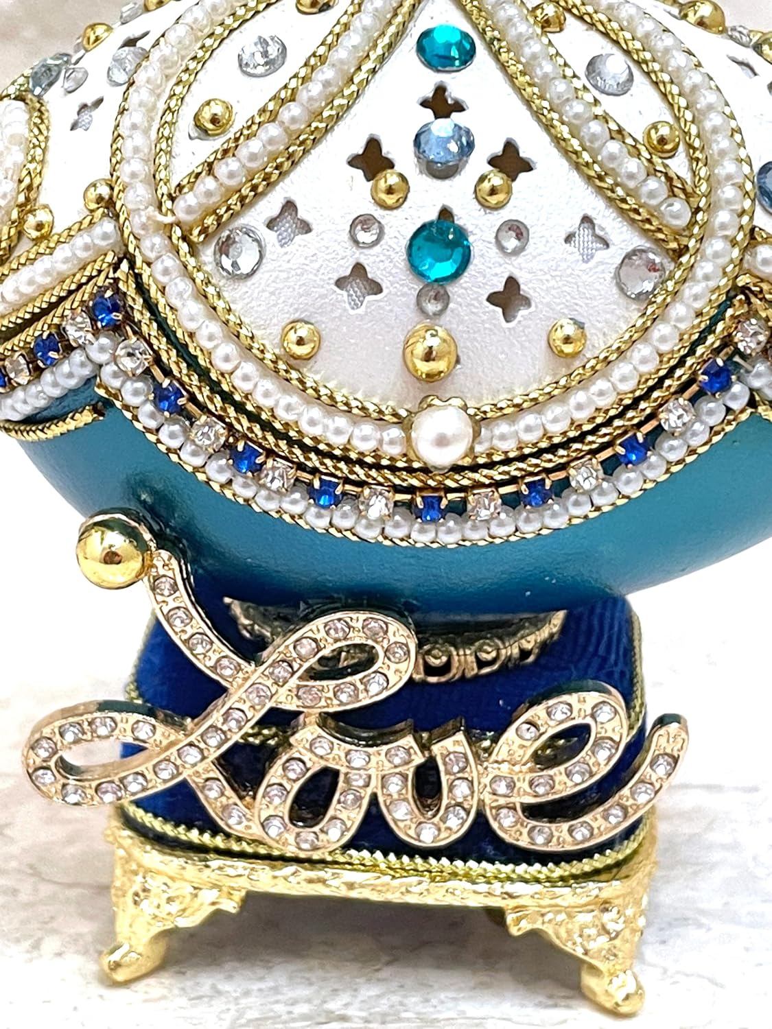 25 year old Unique Faberge Egg style decorative Love Box & Faberge Jewelry Necklace HANDCARVED REAL Egg Faberge egg Musical Box AustrianCrystal Diamonds Set PURE GOLD Bday Anniversary Love Gift image 5