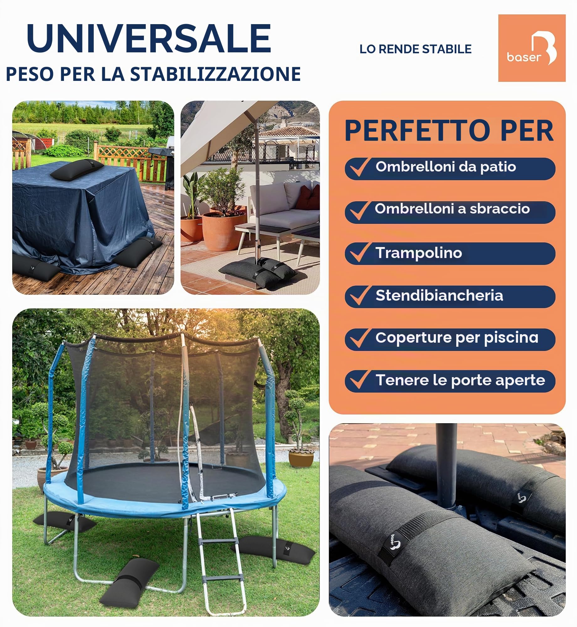 Baser Sacchi Pesi 4x4kg – Zavorra per Gazebo Pieghevole e Pergolato da Giardino – Base per Gazebo Esterno Resistente e Ombrelloni, Senza Sabbia