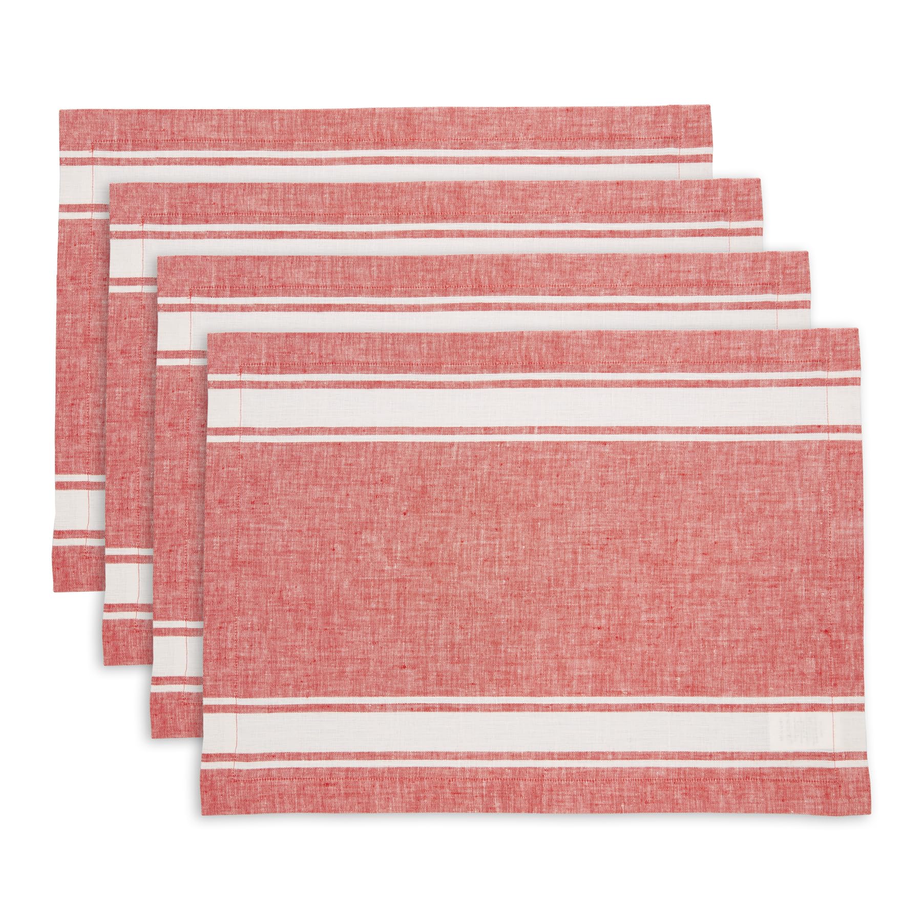 Solino Home Manteles individuales de lino a rayas de granja de 14 x 19 pulgadas, juego de 4 manteles individuales de lino 100% puro, color rojo y blanco, lavables a máquina