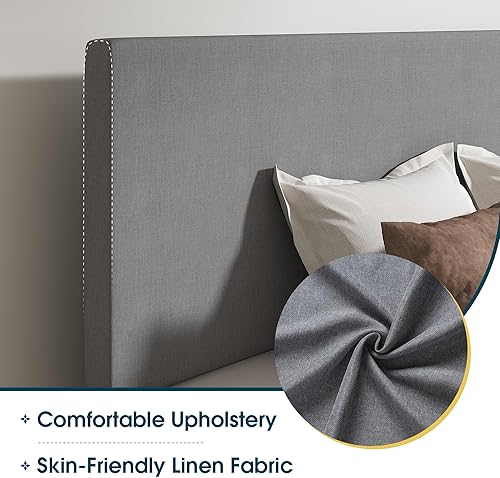 Miniatura 4 de WEEWAY Base de cama tamaño King tapizada con cabecero de lino ajustable y listones de madera fuertes, base de colchón resistente, no necesita