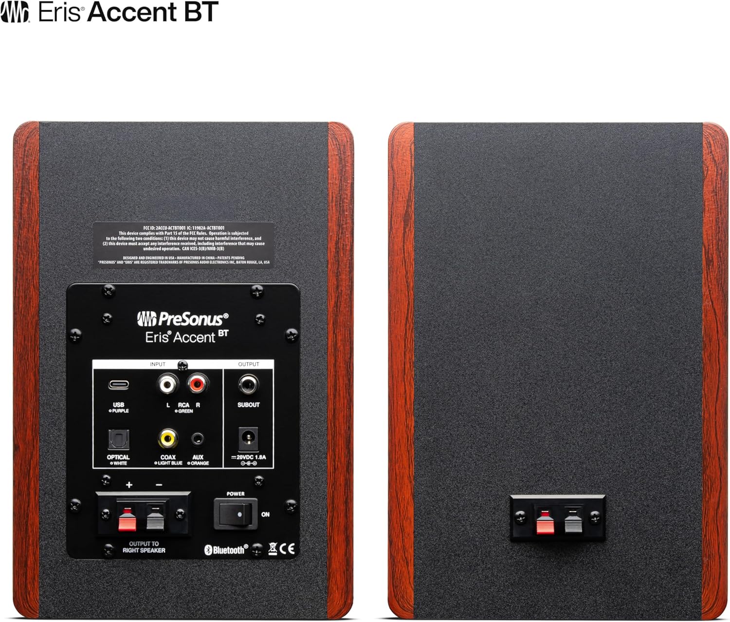 PreSonus Eris Accent BT 60W Powered Bookshelf Bluetooth Speakers – Studio Monitors for Turntable, Home, 4" Woofer, Silk Tweeter, USB-C, Optical, RCA, Coax, Remote, Sub Out, Wired Option, Wood Grain - Image 4