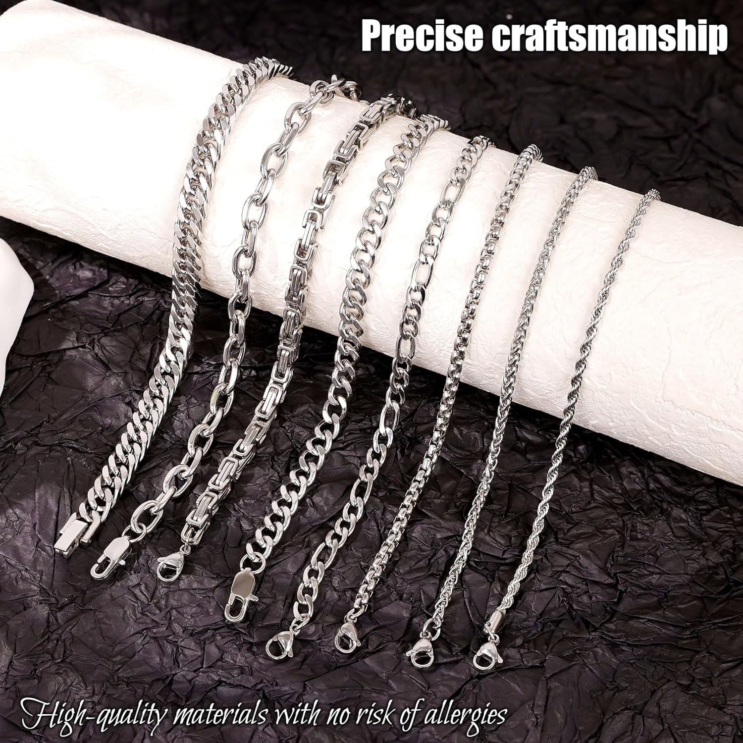 REVOLIA 8Pcs Stainless Steel Chain Bracelets for Men Women Cuban Link Bracelets Paperclip Figaro Rope Chain Bracelets Set 6.8-9 Inches - Image 3