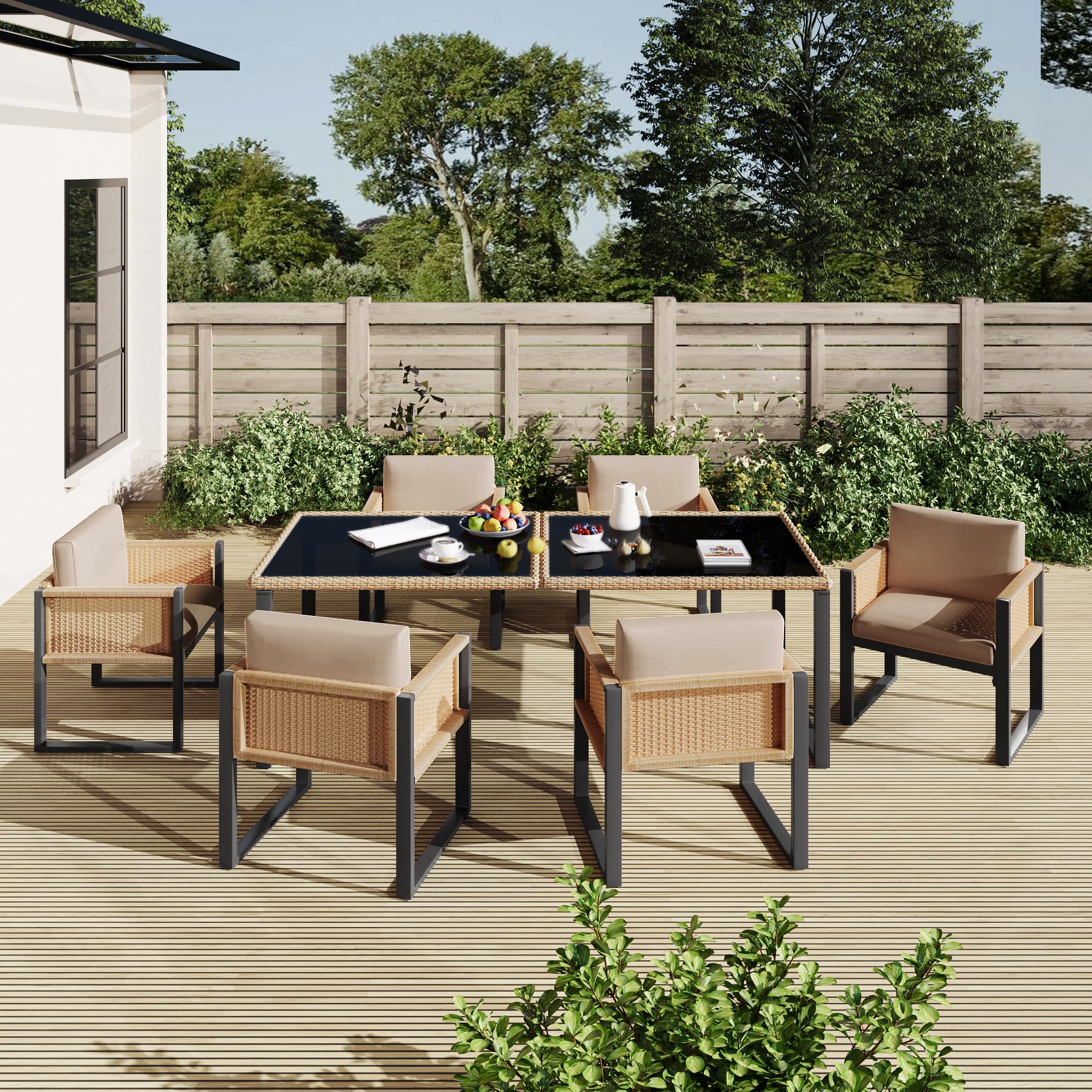 Table et Chaise de Jardin Exterieur 6 Personnes–Ensemble Repas avec Plateau Verre et Coussins Déhoussables–Structure Acier Anti-Rouille,Rotin Tressé – Idéal pour Terrasse et Jardin (Brown Noir)