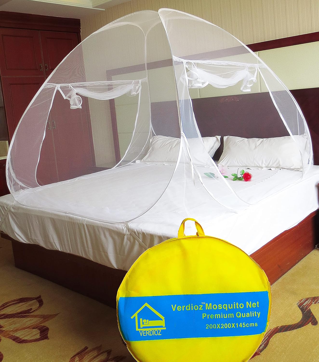 VERDIOZ Foldable Mosquito Net For Double Bed, 30 GSM Net Fabric, Coated Steel Wire, Ventilation
