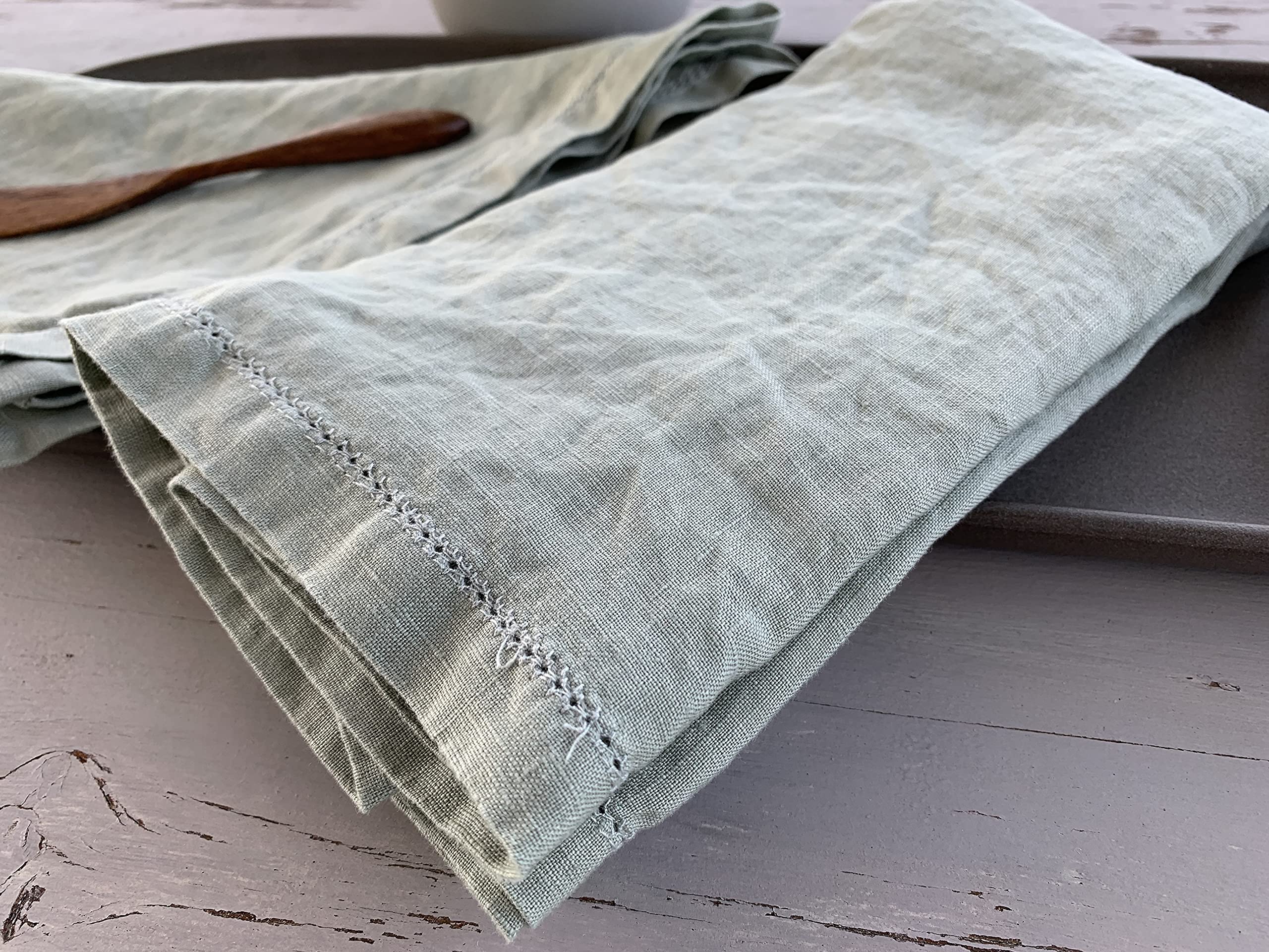 Hemstitched Linen Napkins - 50 cm x 50 cm - Stonewashed Pure Linen Cloth Napkins with Mitered Corners - Set of 4 (Soft Sage Green) - Image 4