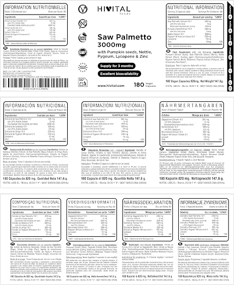 Saw Palmetto 3000mg 180 Vegan Capsules for 3 Months With Serenoa Repens (Sabal Serrulata) Pumpkin Seeds Nettle Pygeum Africanum Lycopene and Zinc. Made by HIVITAL