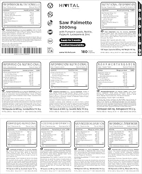 Saw Palmetto 3000mg 180 Vegan Capsules for 3 Months With Serenoa Repens (Sabal Serrulata) Pumpkin Seeds Nettle Pygeum Africanum Lycopene and Zinc. Made by HIVITAL