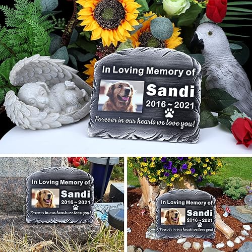 Miniatura 8 de MORIDA Piedra sepulcral para mascotas para perros o gatos con placa grabada, piedra conmemorativa para césped y jardín, nombre personalizado y