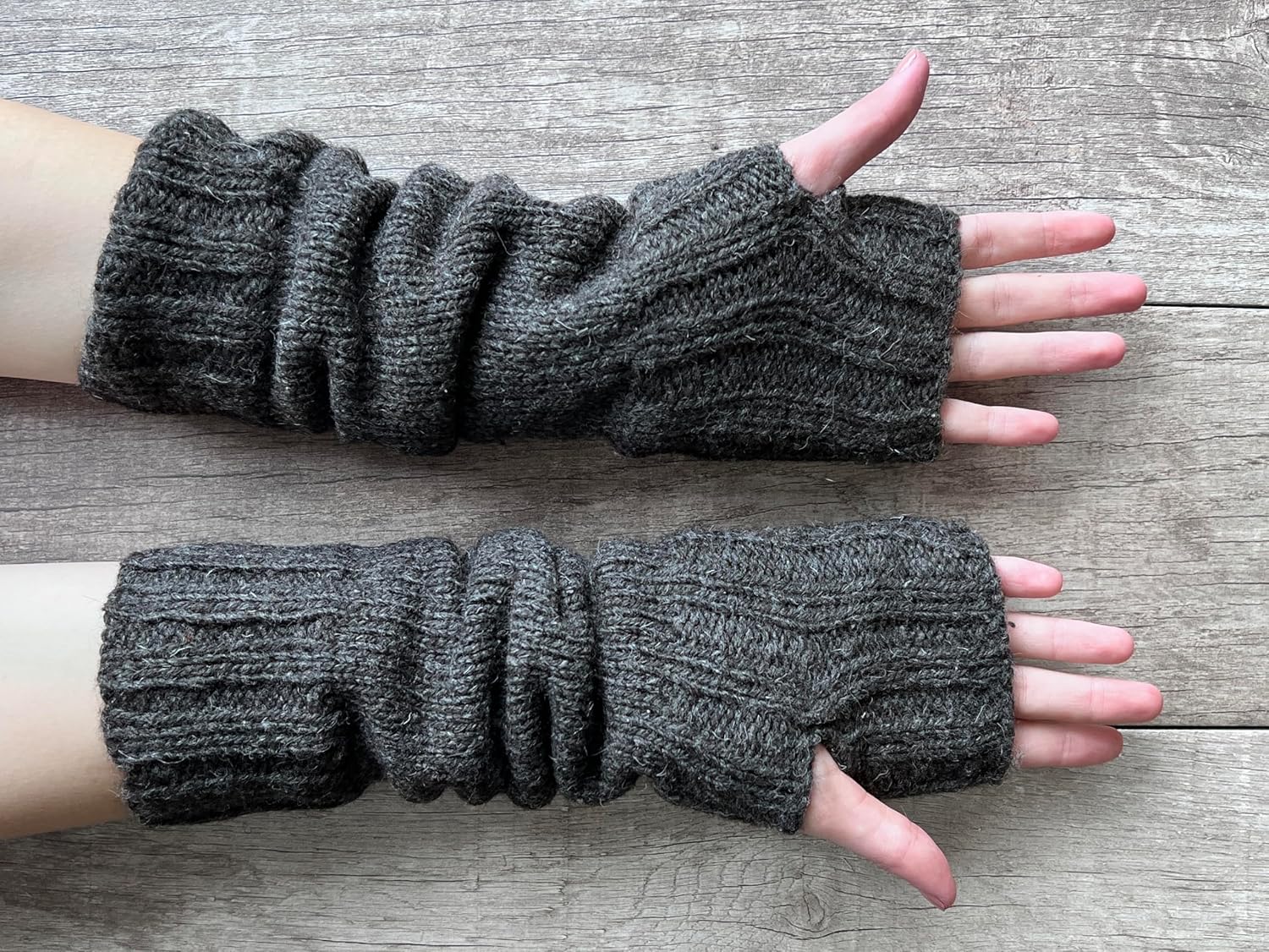 Hand Knit Alpaca Wool Fingerless Long Micro-Fleece Lined Gloves Heavy Arm Hand Warmers Ladies Women Winter - Image 6