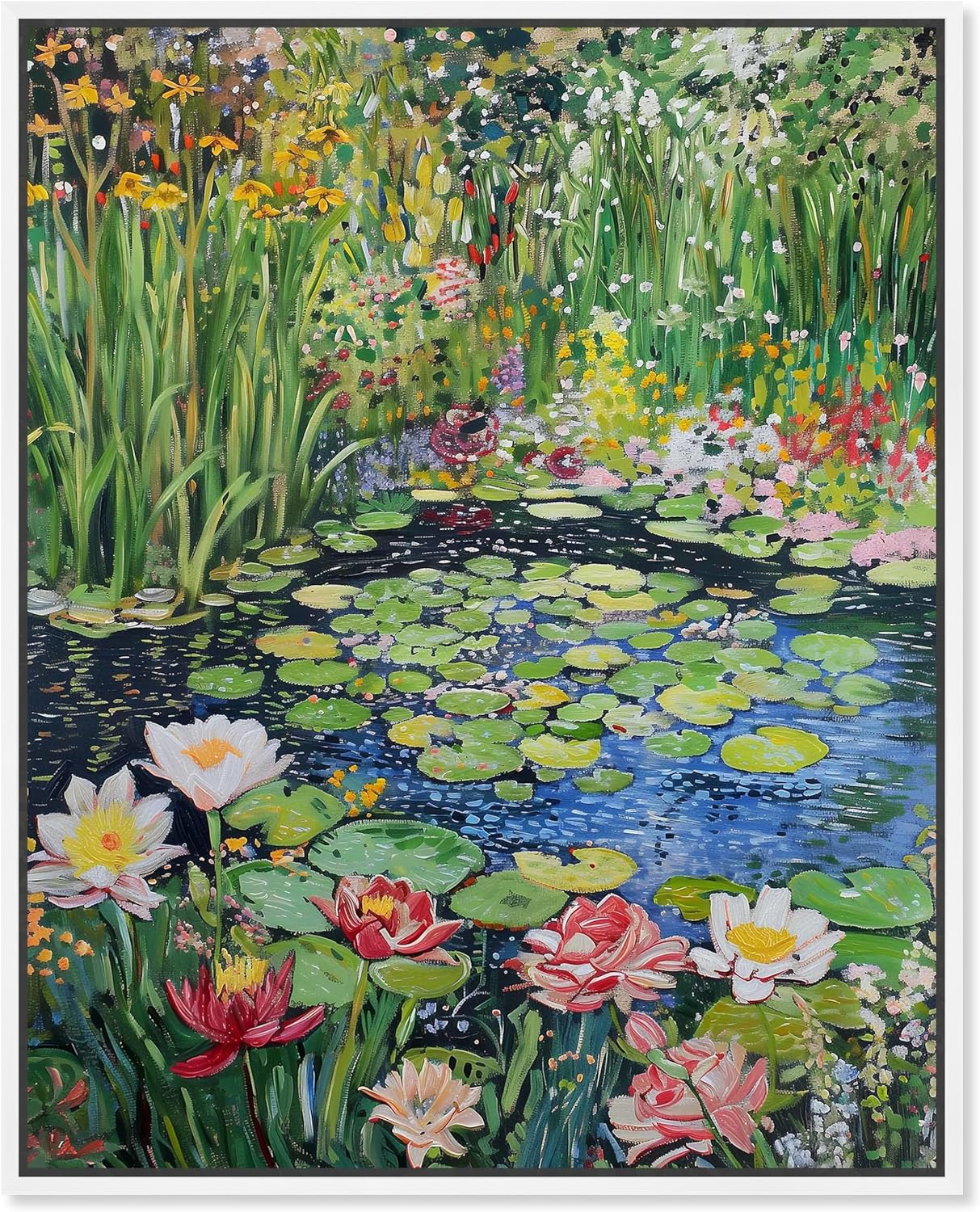 Art Remedy Impressionist Pond Framed Impressionism 1 Piece Canvas Wall Art/Monet And Van Gogh Inspired Art, 31" x 37", White Frame