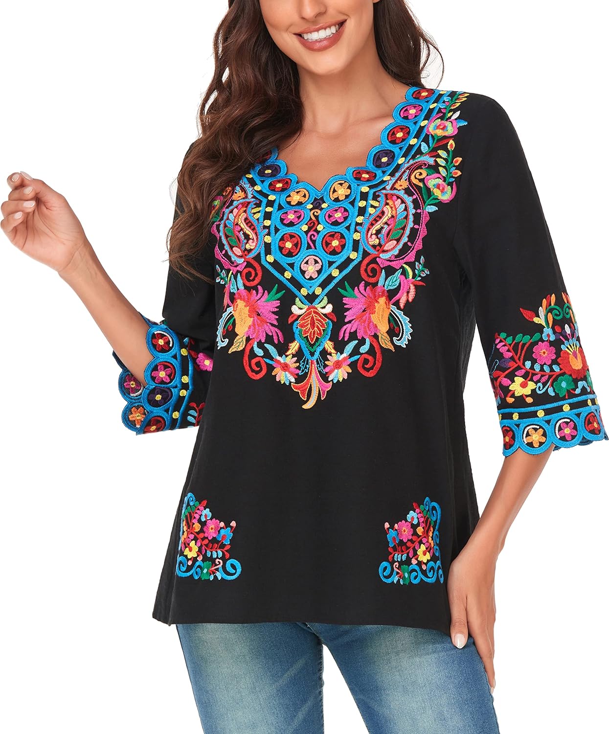 YZXDORWJ Women's Summer Boho Embroidery Mexican Bohemian Tops Shirt Tunic V Neck Blouses - Image 6