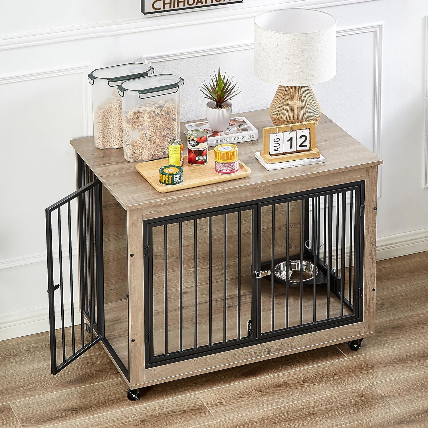 Furniture Style Dog Crate Side Table with Rotatable Feeding Bowl, Wheels, Three Doors, Flip-Up Top Opening. Indoor, Grey, 38.58" W x 25.2" D x 27.17" H