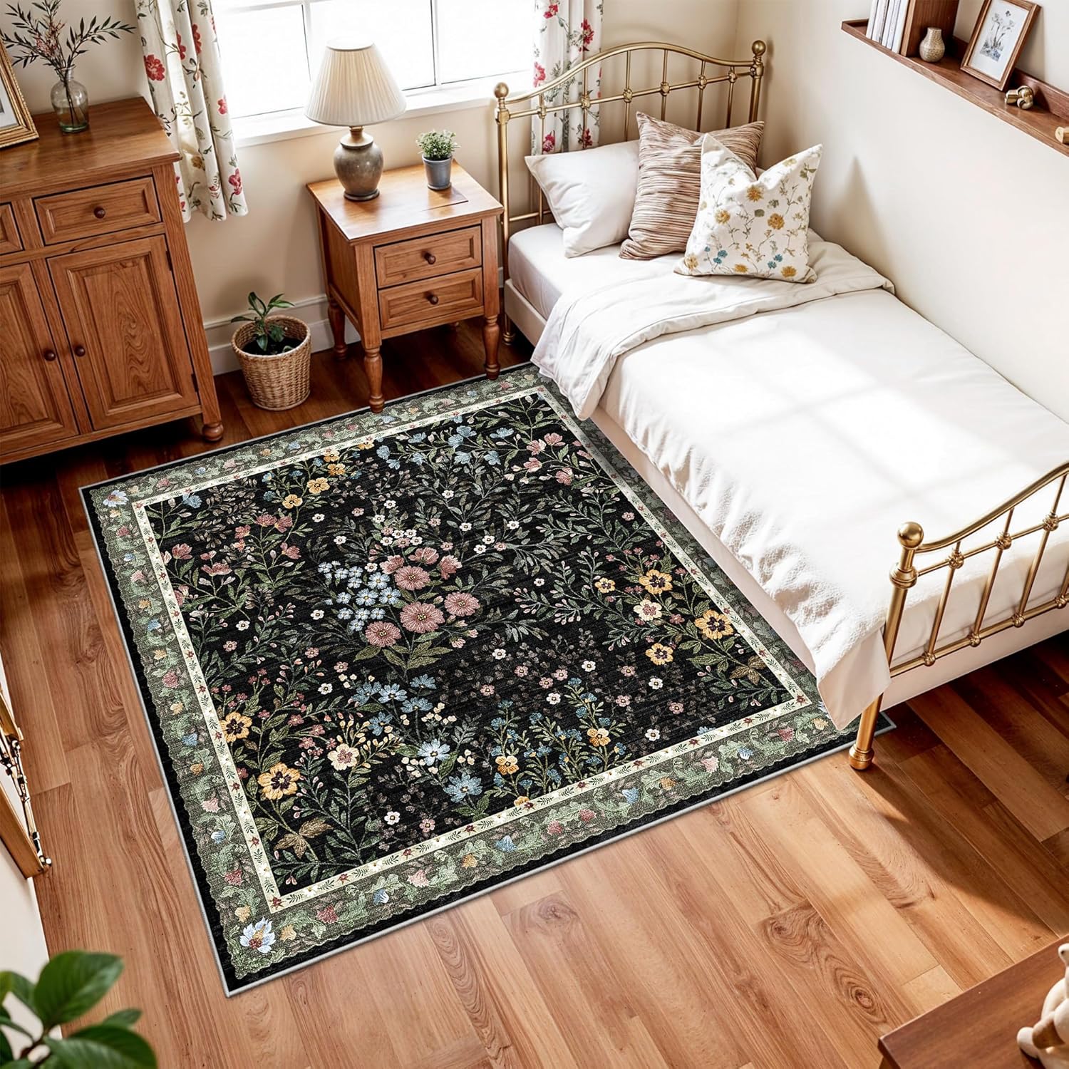 5x5 Living Room Area Rug Washable: Floral Non-Slip Mats for Indoor Floor Entryway Dining Room Bedroom - Soft Thin Carpet for Vintage Neutral Home Decor (5ft Square, Black)