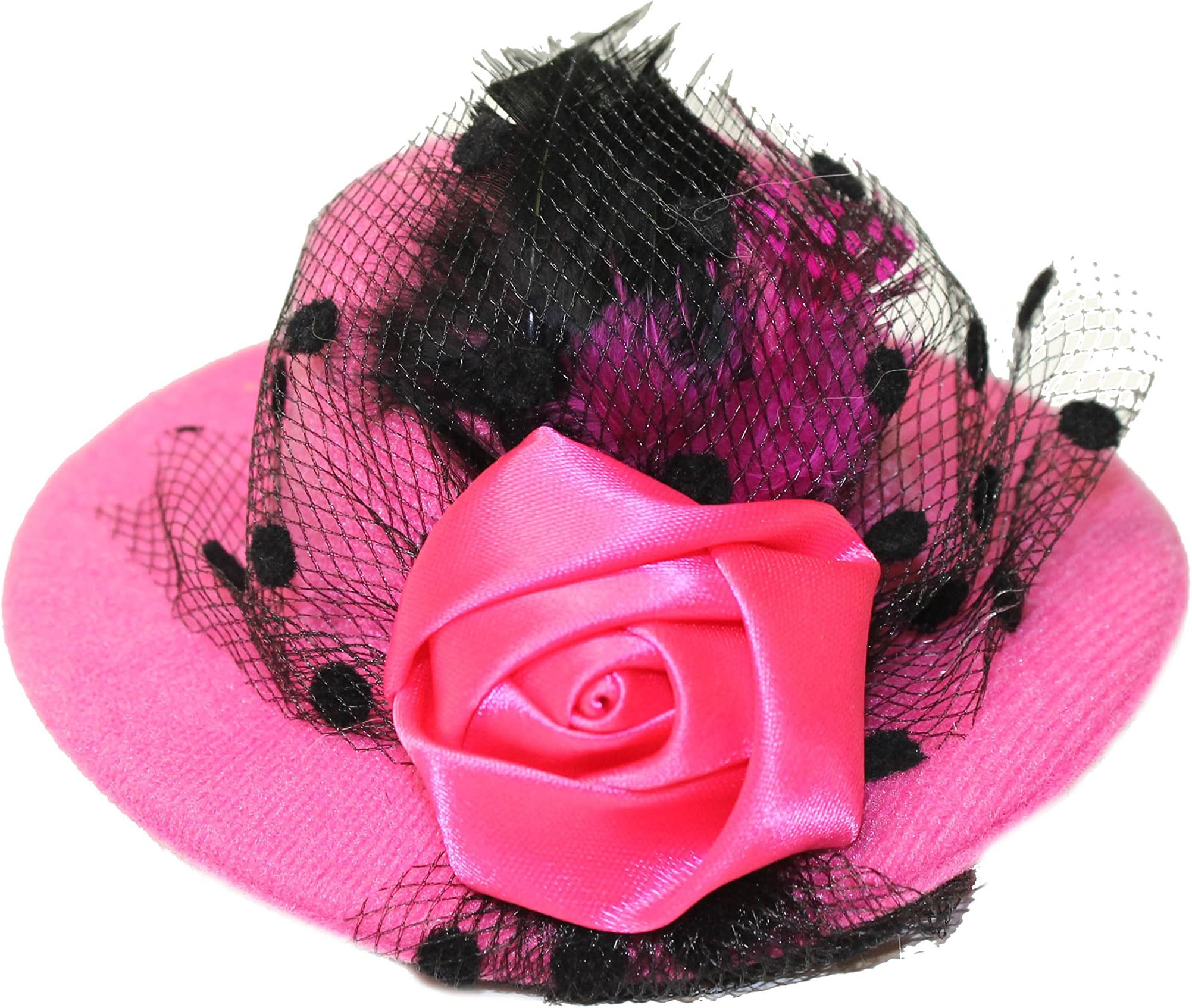 Lucore 4 Inch Mini Top Hat Hair Clip Accessory - Rose, Feather and Mesh Veil Girls Fashion Clipon Miniature Hairpin Headwear (Fuchsia)