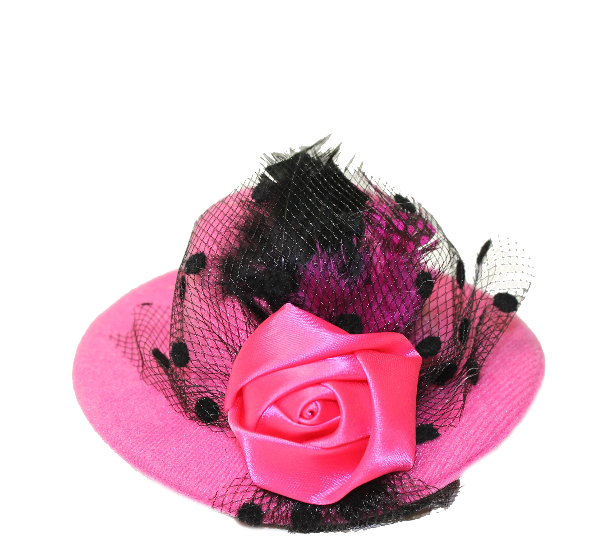 Lucore 4 Inch Mini Top Hat Hair Clip Accessory - Rose, Feather and Mesh Veil Girls Fashion Clipon Miniature Hairpin Headwear (Fuchsia)