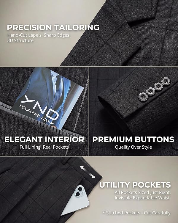 YND Men's 3 Piece Suit Set with Tie, 2 Button Slim Fit Solid Blazer Jacket Vest Pants, Business Wedding Party Suits for Men, Black - Black Plaid by YND - Used condition - Image 4