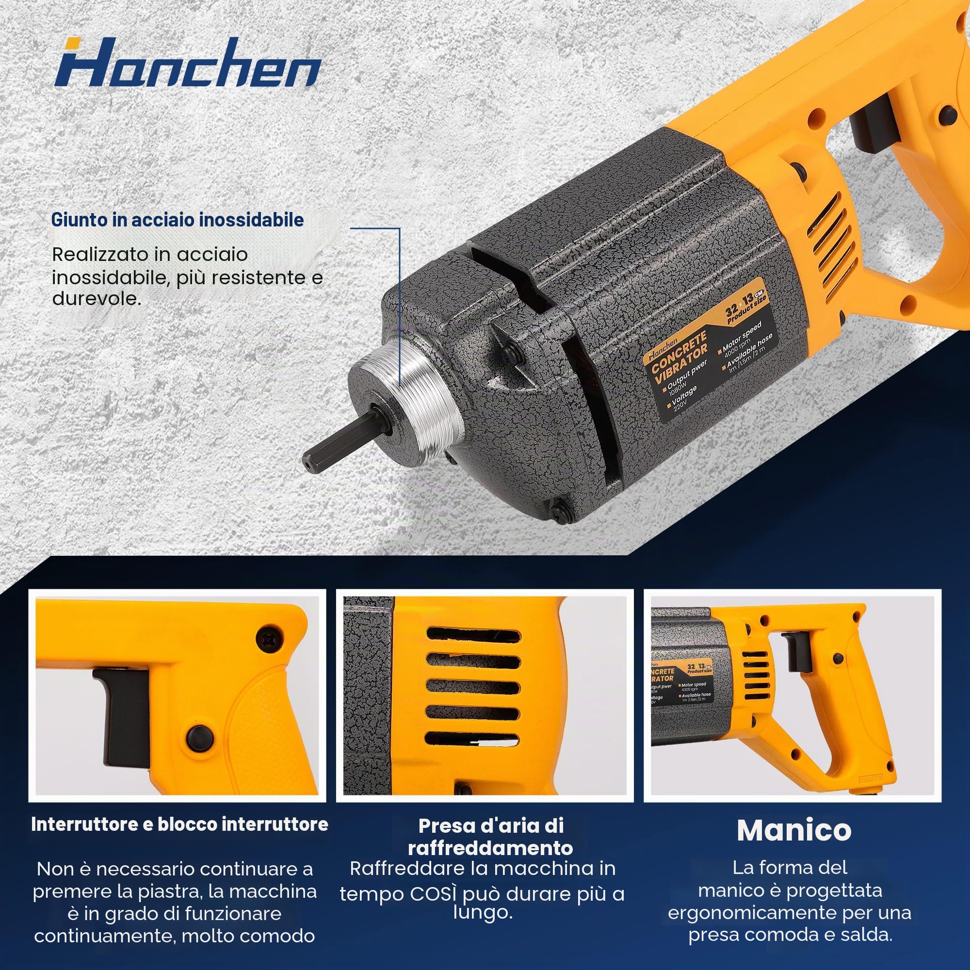Hanchen Vibratore per Calcestruzzo Industriale 1080W Ago Vibrante per Cemento Elettrico Portatile 4000 giri/min 35mm con 1.5m Tubo per la Costruzione