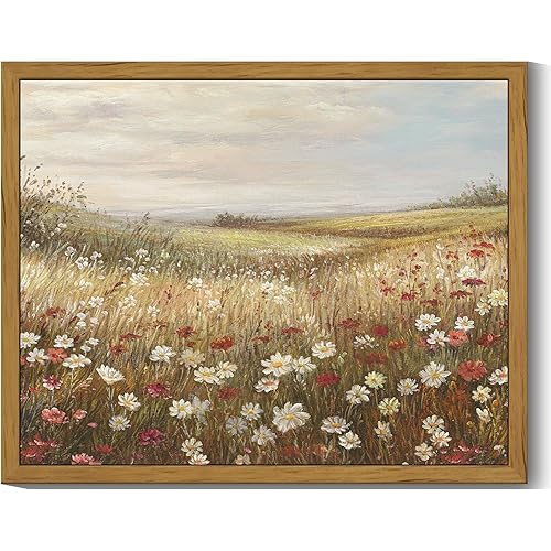 SHENIFY Vintage Framed Wall Art Meadow with Flowers Landscape Scenery Home Decor Retro Wildflower Field Decorations for Farmhouse Bedroom Ready to Hang Wall Artwork - 8x10in Natural Framed