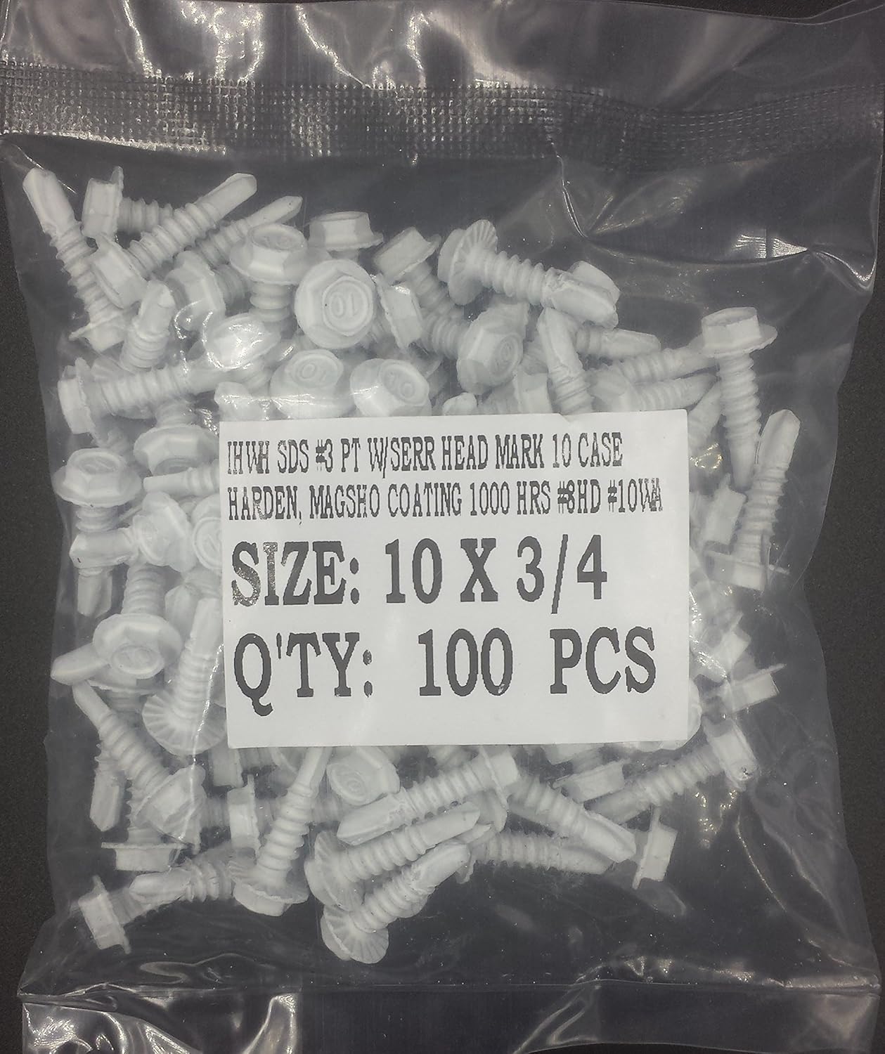 #10 x 3/4" Hex Washer Head Self Drill Screw #3 Pt w/Serrations Head Mark (1000, White)