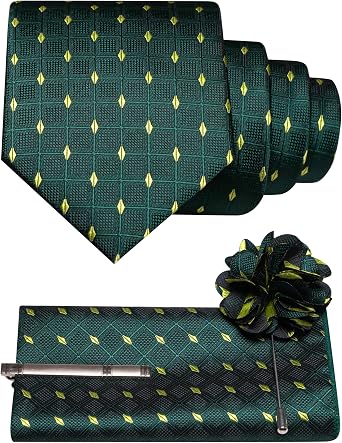 RBOCOTT Plaid Checkered Ties for Men Necktie and Pocket Square with Tie Clip Lapel Pin Set 4PCS