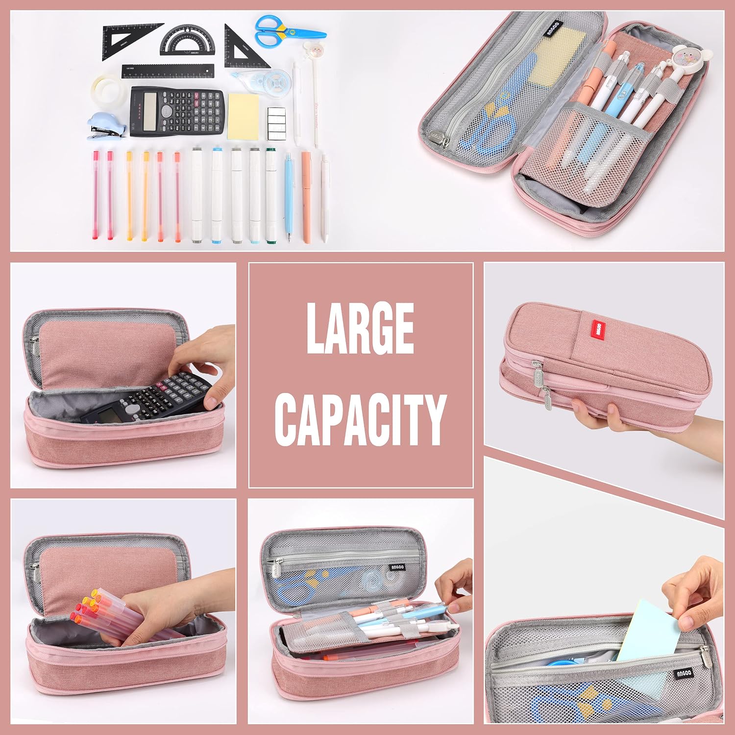 logwinter Pencil Case Large Capacity Pencil Box For School Student Kid Teen Back to School Pencil Bag Office College Supplies Pencil Pouch Box (Red) image 4