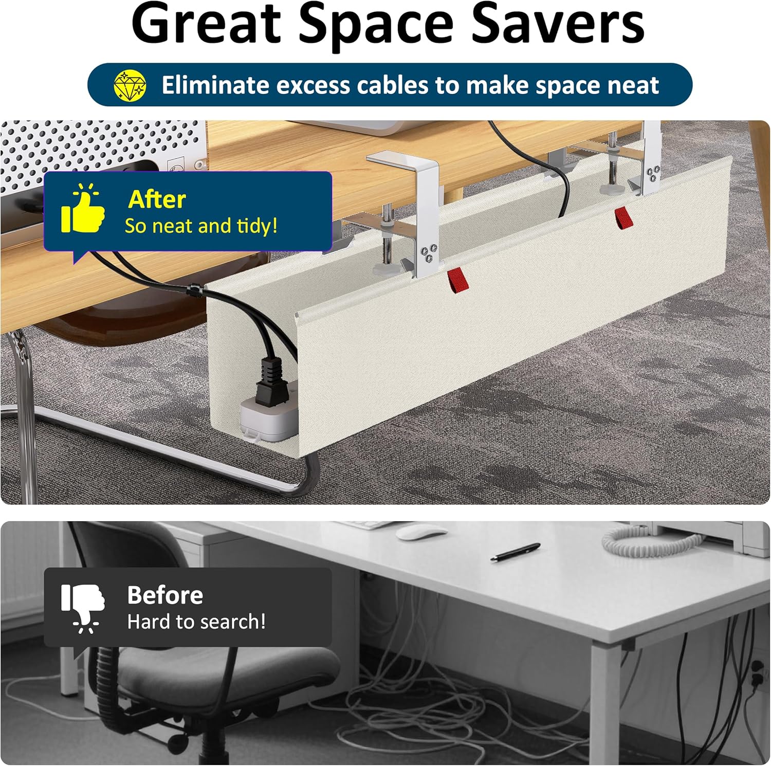 28" Small Under Desk Cable Management Tray No Drill, Compact Clamp On Cord Organizer for Dorm & Small Desk, Anti-Sag Oxford Fabric Wire Hider, Power Strip Holder (Beige, 28.6")