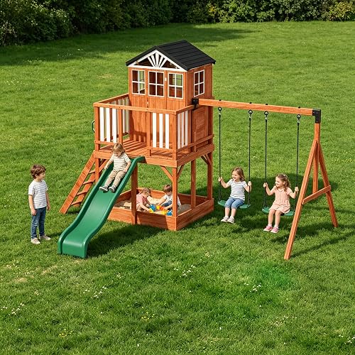 Outdoor Wooden Swing Set for Kids,8 in 1 Playground Set with Sandbox & Play Kitchen, 2-Seat Swing, Wave Slide, Corner Seats, Backyard