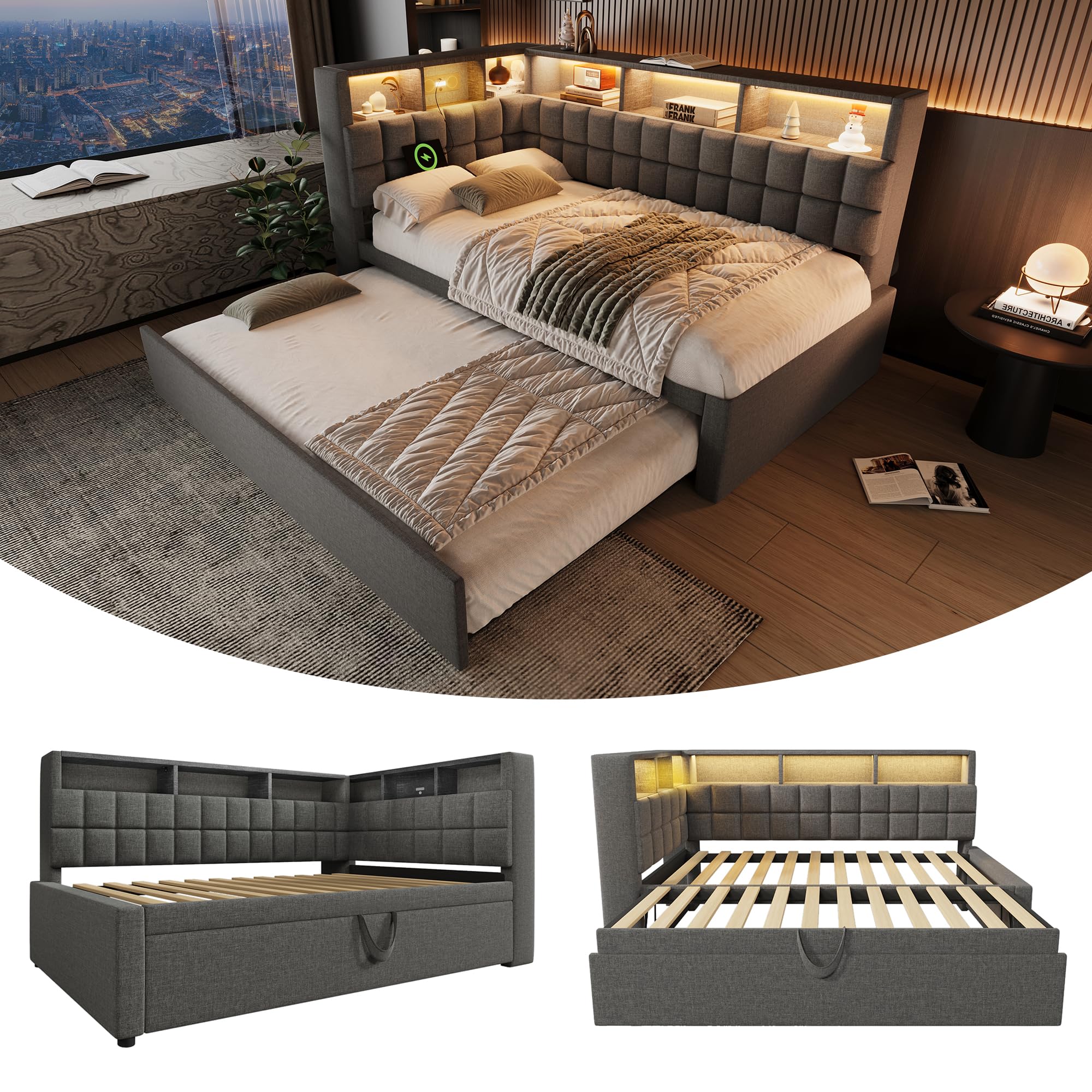 Kebnor Leinen Polsterbett 90x200 mit Ausziehbett 90x190, LED, Bluetooth-Lautsprecher, USB & Type-C Ladeanschluss, L-Kopfteil mit Stauraumregal, Schlafsofa/Gästebett, ohne Matratze (Grau)