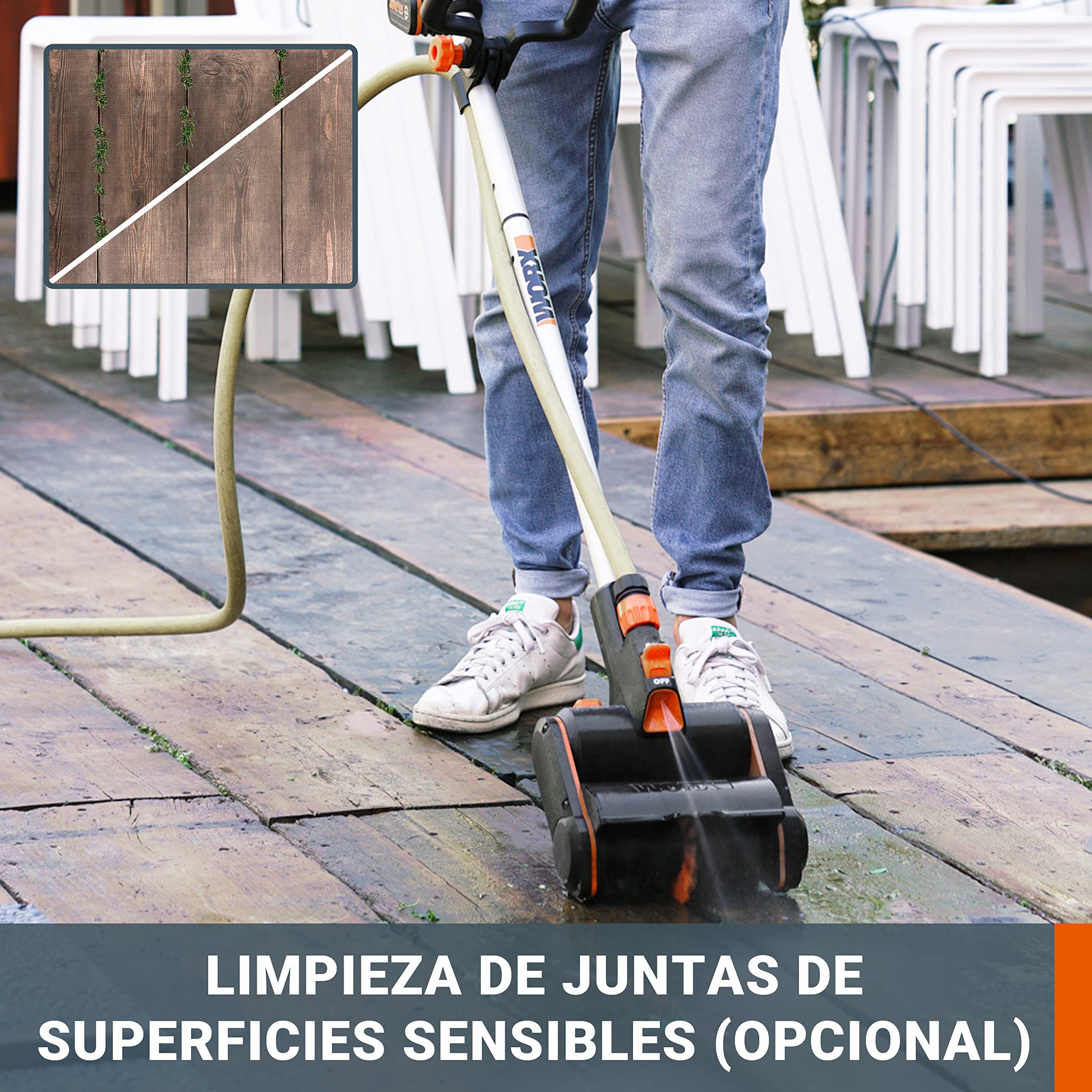 WORX WG441E Cepillo multifunción 20V-4Ah, limpieza profunda de suelos, baldosas, hormigón y cubiertas, conexión de agua, cambio rápido de accesorios, 2 velocidades, cepillo de nylon, alambre incluidos